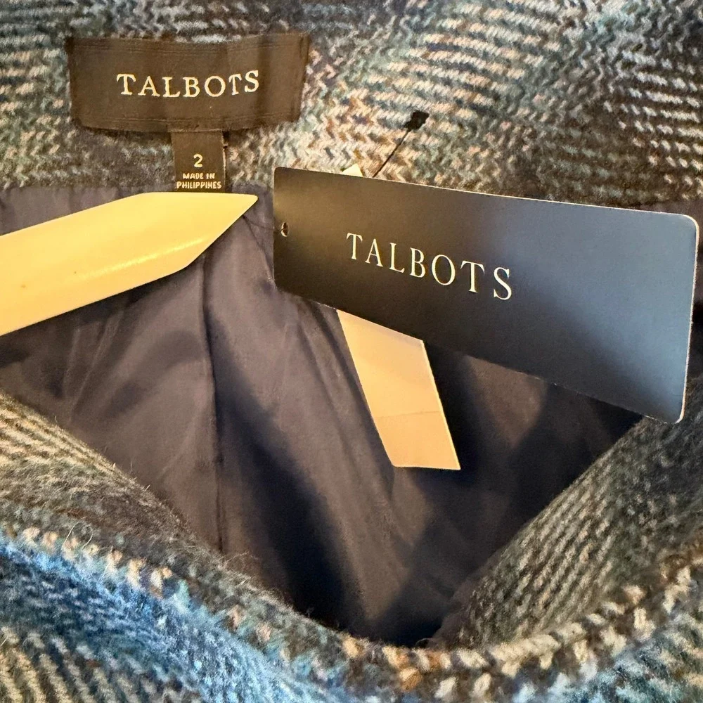 NWT Talbots Teal Black Plaid Wool Blend Knee Length Skirt Tweed‎ Textured Size 2